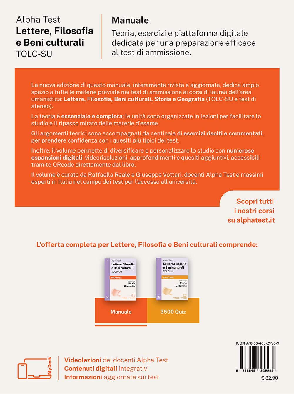 Copertina del libro: "Alpha Test Lettere, Filosofia e Beni culturali TOLC-SU - Manuale", in prevendita