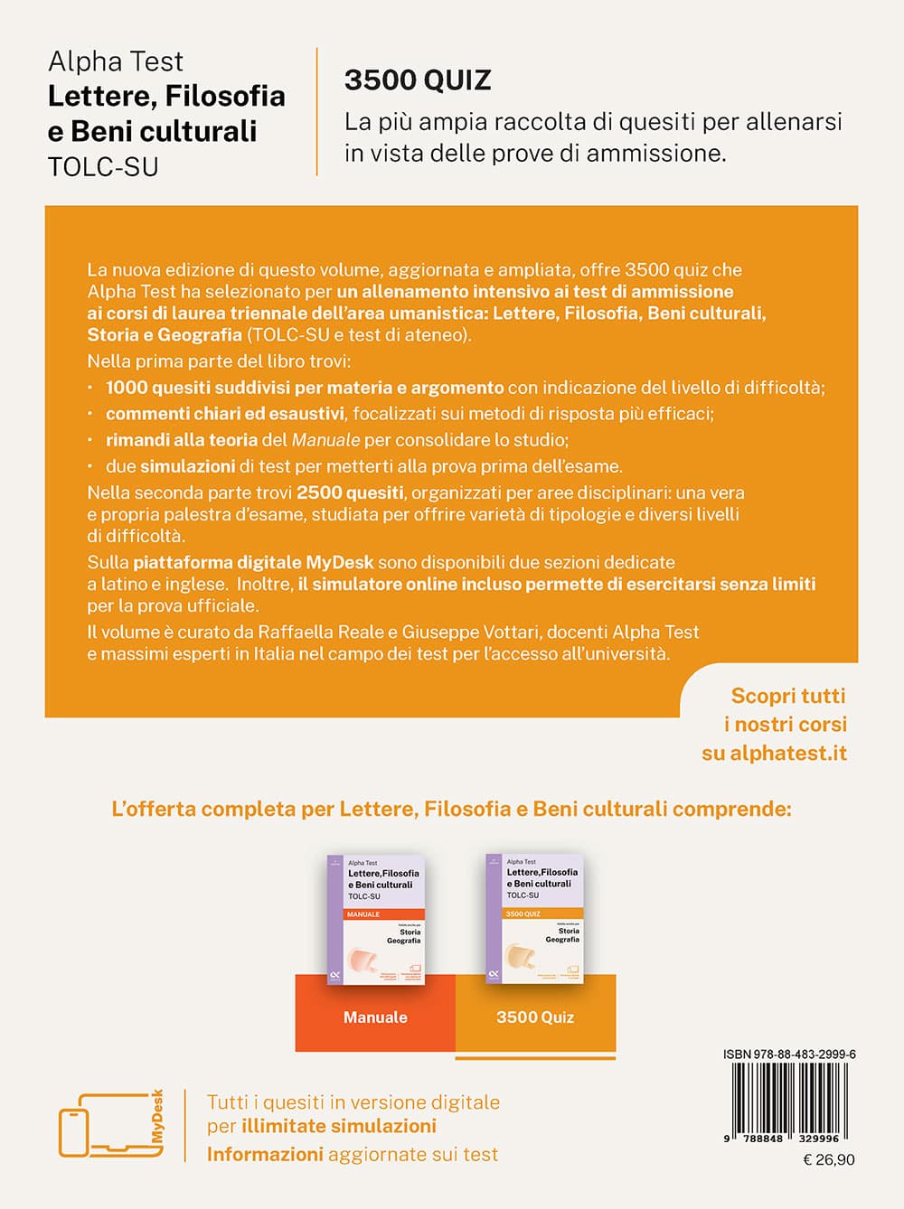 Copertina del libro: "Alpha Test Lettere, Filosofia e Beni culturali TOLC-SU - 3500 quiz", in prevendita