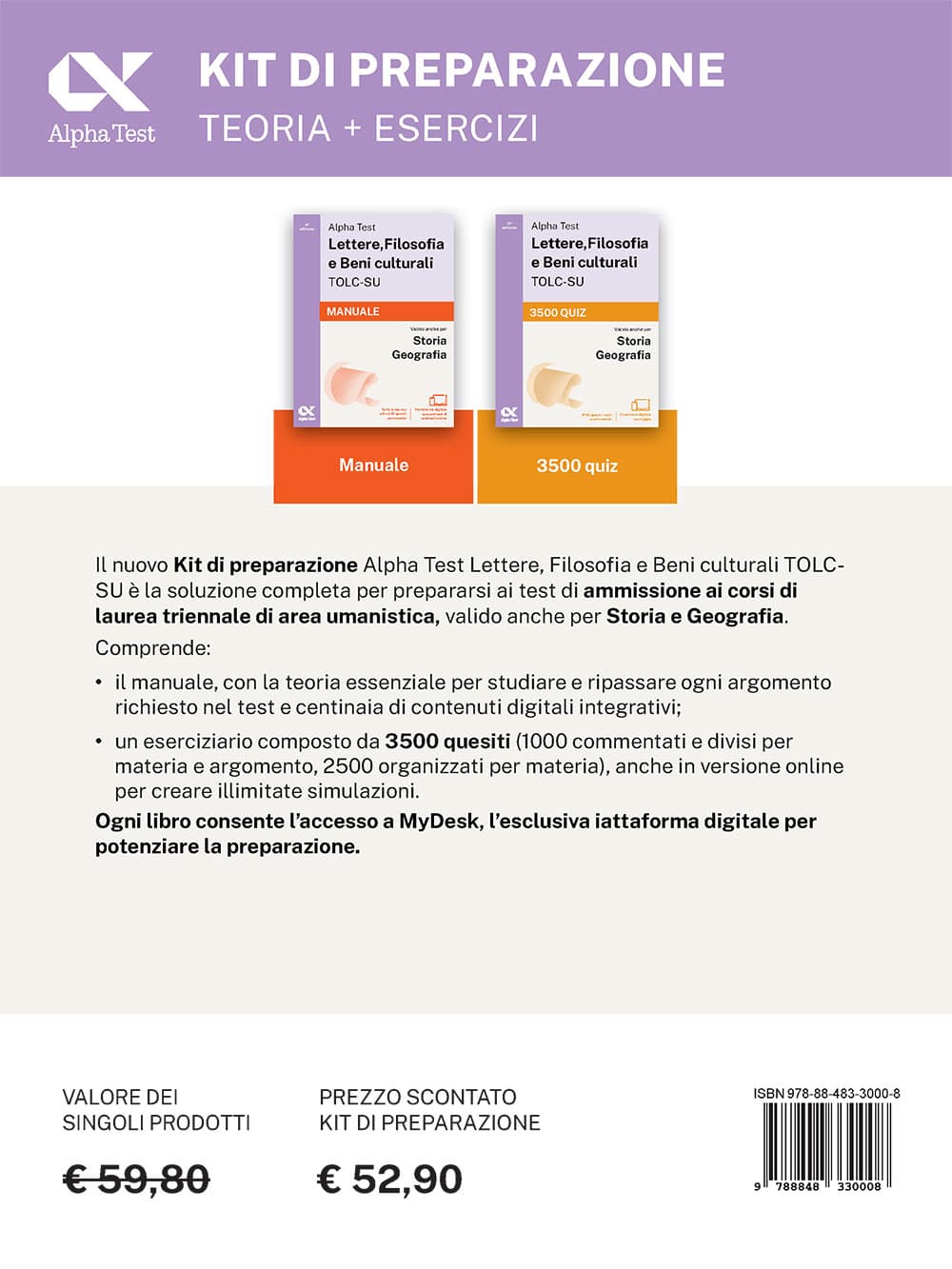 Copertina del libro: "Alpha Test Lettere, Filosofia e Beni culturali TOLC-SU - Kit di preparazione", in prevendita