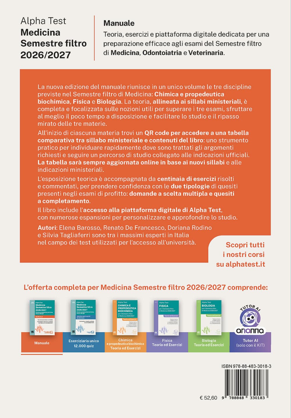 Copertina del libro: "Alpha Test Medicina Semestre filtro 2026/2027 Chimica e propedeutica biochimica, Fisica e Biologia - Manuale", in prevendita