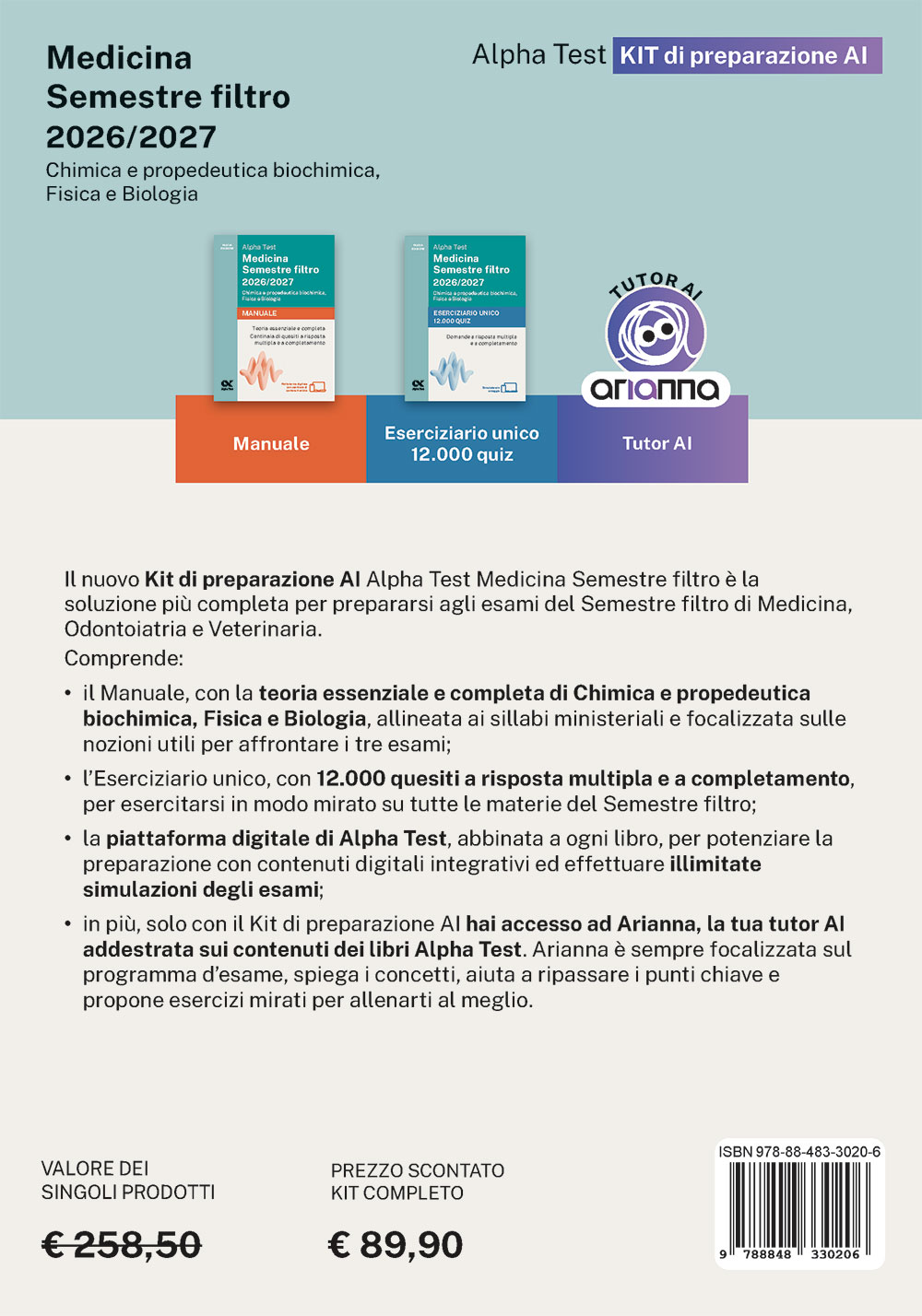 Copertina del libro: "Alpha Test Medicina Semestre filtro 2026/2027 Chimica e propedeutica biochimica, Fisica e Biologia - Kit di preparazione AI", in prevendita