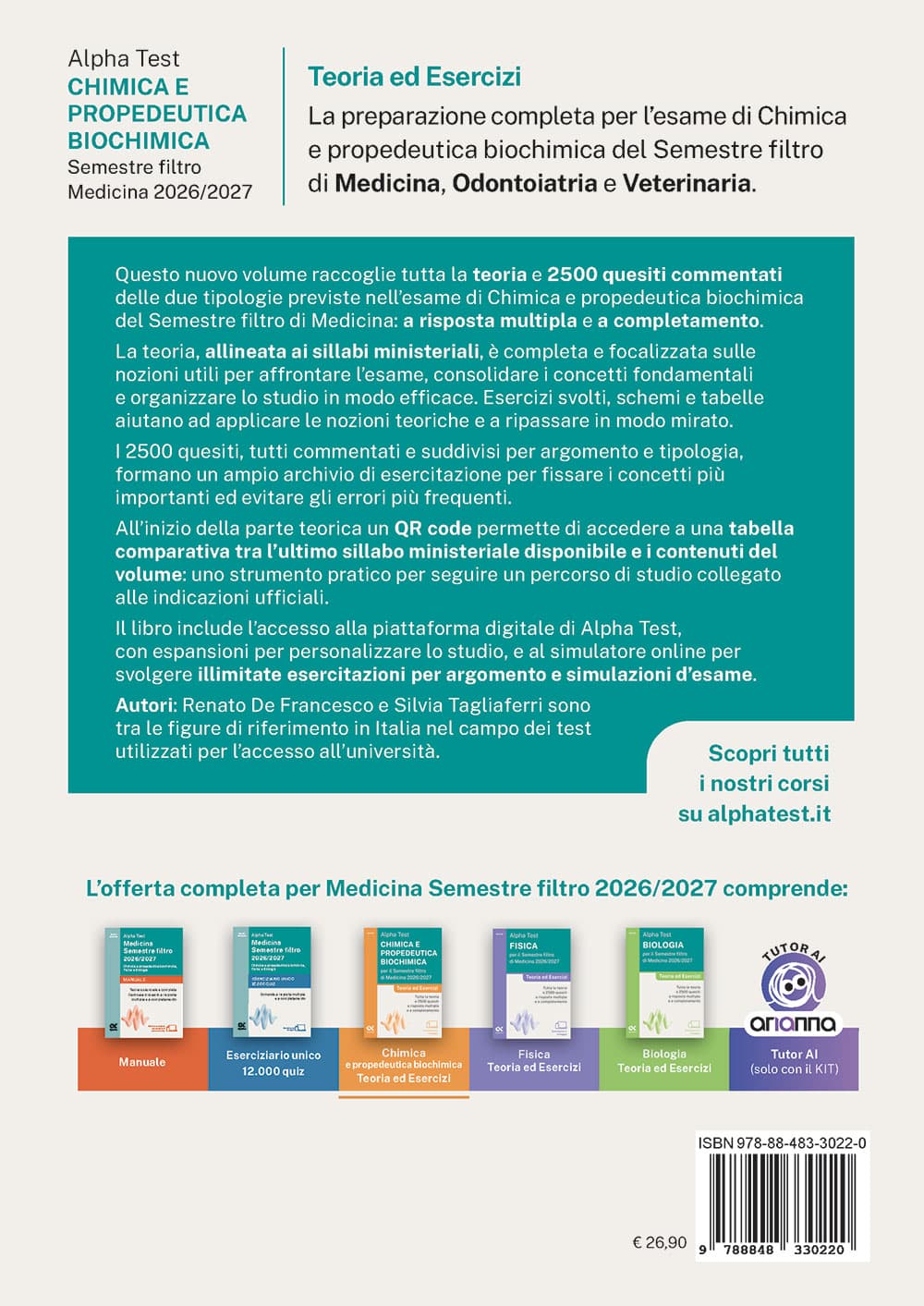 Copertina del libro: "Alpha Test Chimica e propedeutica biochimica per il Semestre Filtro di Medicina 2026/2027", in prevendita